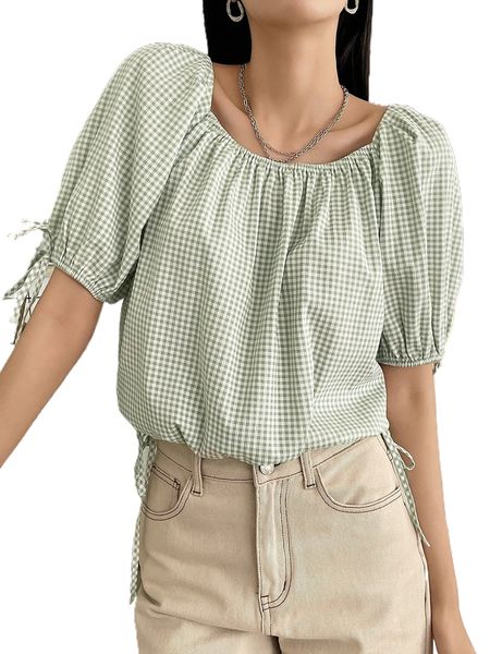

dazy gingham knot cuff blouse a0lt#, White
