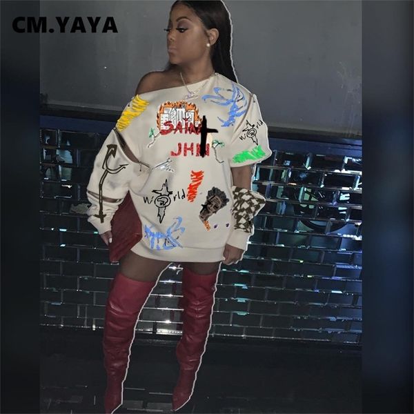 

cm.yaya autumn winter fashion classic graffiti women's dress cut out long sleeve sweatshirts activewear hoodies loose dresses 220516, Black;gray