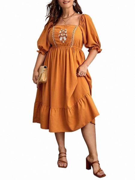 

plus floral embroidery square neck a-line dress 45z3#, Black
