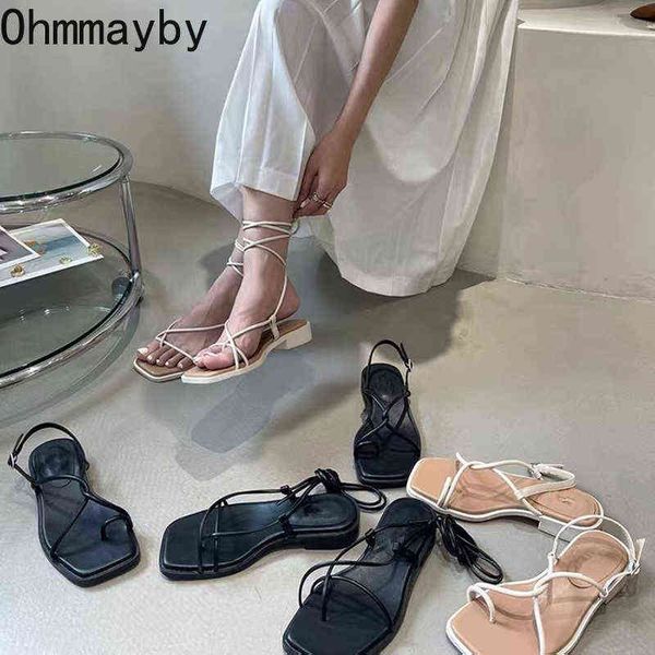 

sandals 2022 gladiator shoe summer woman cross strap sandal fashion narrow band flats heel ladies outdoor dress 220704, Black