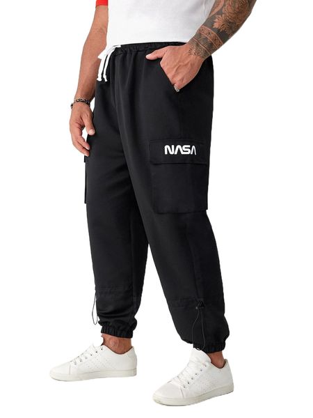

extended sizes men letter graphic flap pocket pants l0lx#, Black