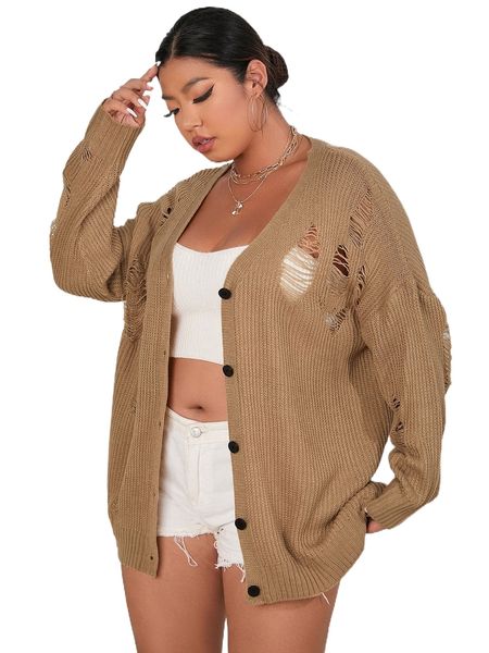 

plus ripped drop shoulder cardigan m0i1#, Black