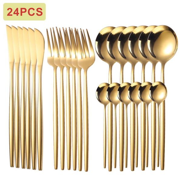Definir pratos de talheres conjuntos de talheres de aço inoxidável de aço inoxidável talheres dourados 5 tipos Forks Spoons com chá Forkflatware