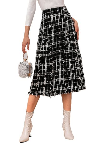 

high waist plaid pattern raw trim tweed skirt c8jb#, Black