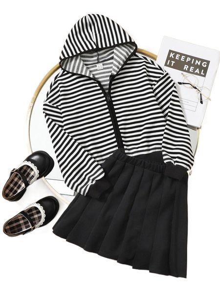 

girls striped print drop shoulder hooded jacket & skirt 72s1#, Black;white