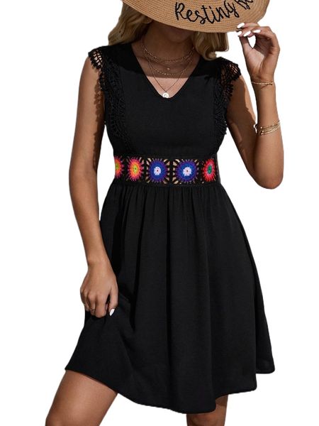 

floral pattern guipure lace panel a-line dress n4c1#, Black;gray