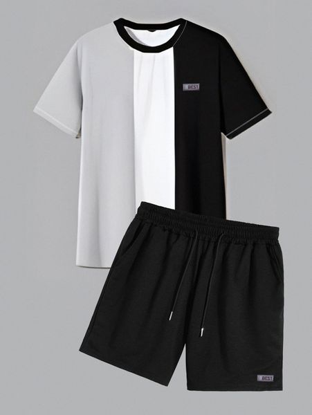 

extended sizes men color-block patched tee & drawstring track shorts h5bo#, Gray