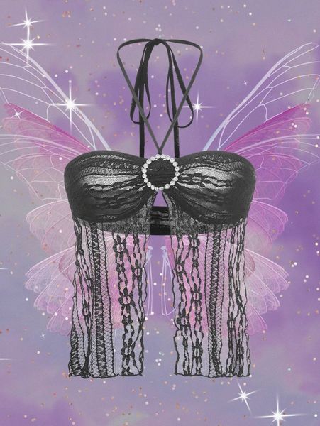 

backless rhinestone detail lace halter n9gq#, White