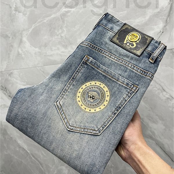 

men's jeans designer fashion brand light blue jeans men's slim fit feet spring and summer new embroidered thin stretch denim pants