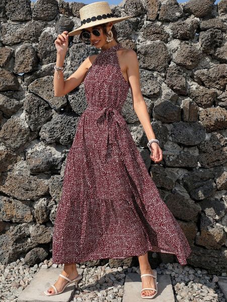 

allover dalmatian print ruffle hem belted dress s4qn#, Black;gray