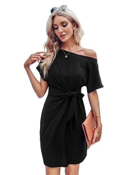 

asymmetrical neck knot side dress j8t4#, Black;gray