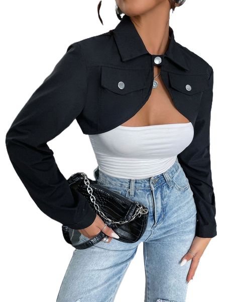 

flap detail super crop jacket x4qe#, Black;brown