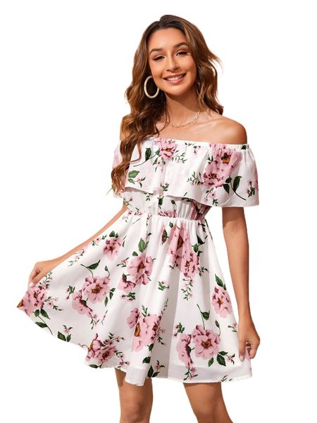 

floral print off shoulder ruffle trim dress m4ay#, Black;gray