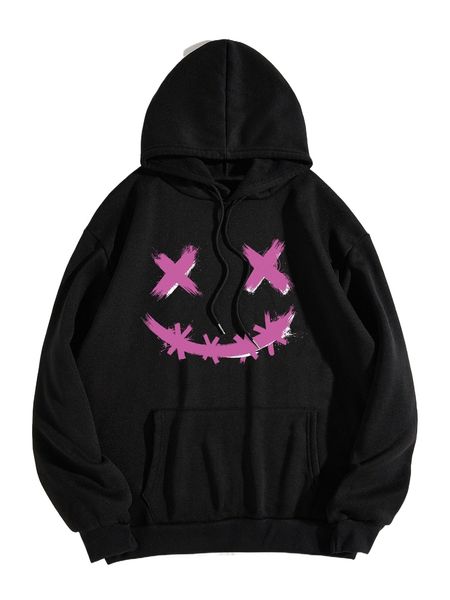 

cartoon graphic drawstring thermal lined hoodie 49fm#, Black