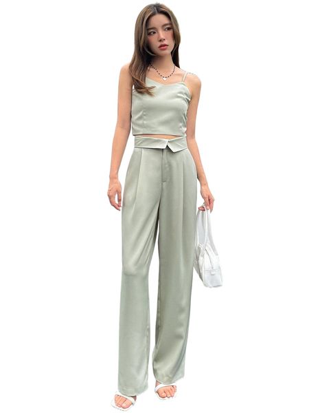

dazy cami & asymmetrical waist fold pleated pants r2ao#, White