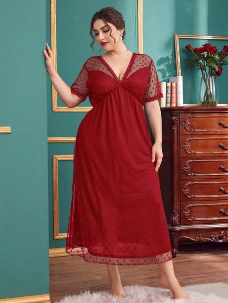 

plus contrast dobby mesh v-back night dress 97f7#, Black;white