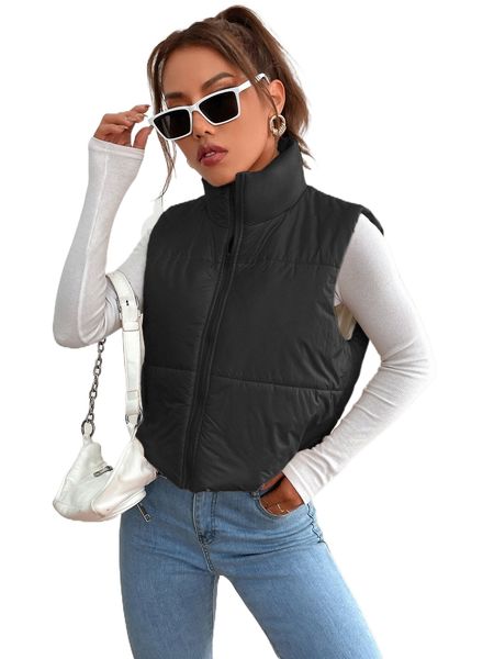

solid zipper up puffer vest coat s7wy#, Black