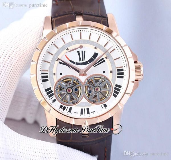 

excalibur quatuor double tourbillon automatic mens watch rose gold white dial black stick brown leather strap watches puretime f10c3, Slivery;brown