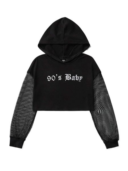 

x tay mills letter embroidery fishnet insert drop shoulder hoodie 81fn#, Black