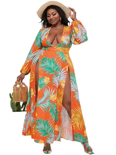 

sxy plus tropical print plunging neck lantern sleeve split thigh dress c0yw#, Black