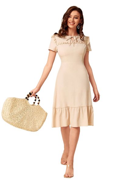 

tie neck ruffle trim dress q7un#, Black;gray