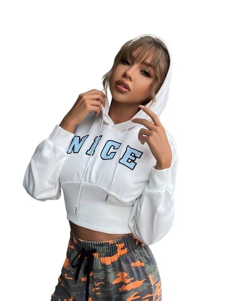 

meysi kim letter graphic drop shoulder drawstring crop hoodie d8tz#, Black
