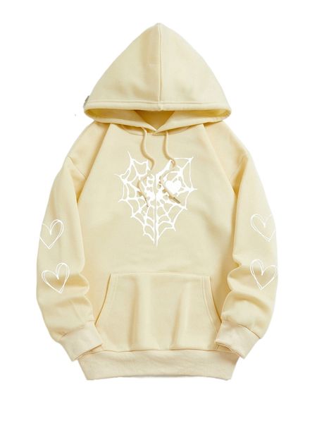 

spider web & heart print kangaroo pocket drawstring thermal hoodie 94dy#, Black