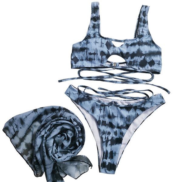 Fato de banho sexy feminino biquínis de natação roupa de banho moda praia tie-dye estampado cruzado chiffon conjunto de três peças conjuntos de saia e biquíni maiôs brasil praia verão