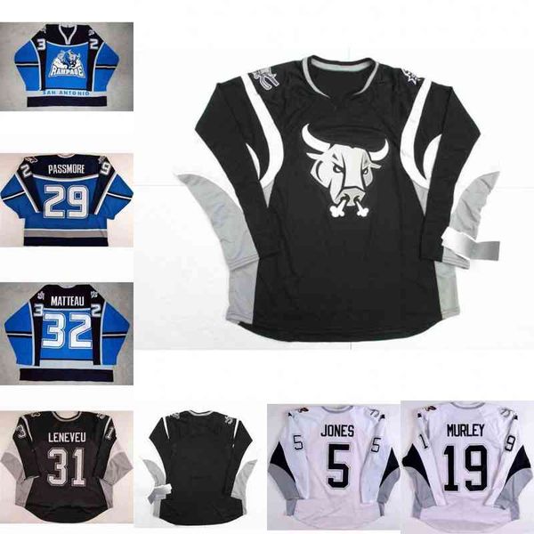

sanantonio rampage 5 matt jones 19 matt murley 29 steve passmore 32 stephane matteau 31 david leneveu mens womens youth hockey jersey, Black