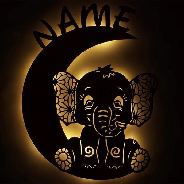 Moon Sleepy Elephant USB LED Wall Night Light Nome Personalizado para Batismo Decoração do quarto Lâmpada de madeira personalizada 220623