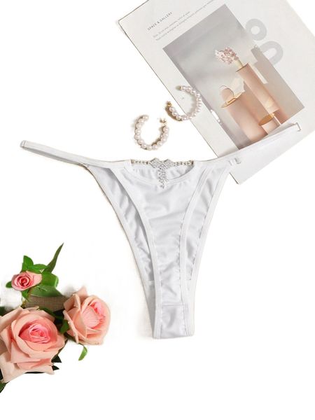 

plus rhinestone decor mid rise thong o3zi#, Black;white