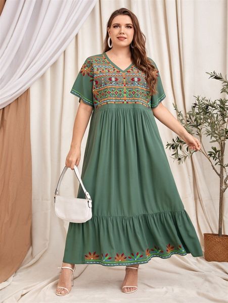 

plus geo embroidery ruffle hem smock dress k6wc#, Black