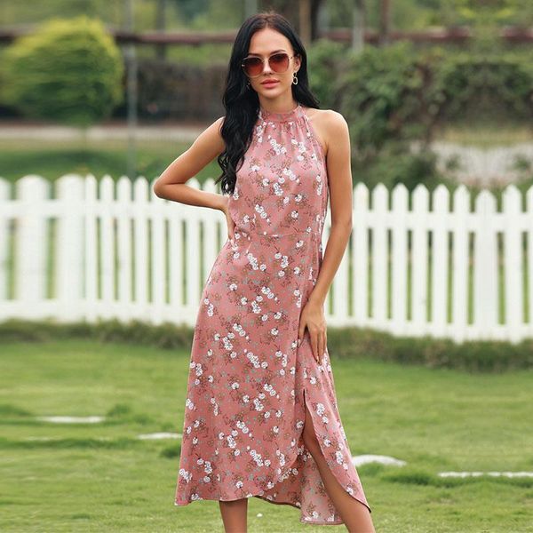 

casual dresses summer sweet halter floral dress for women 2022 sleeveless print split party sundress female long slim beach, Black;gray