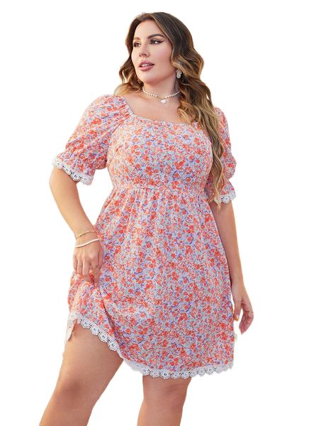 

plus allover floral print guipure lace trim puff sleeve dress 82q9#, Black