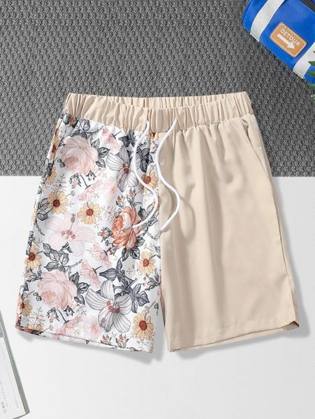 

men random color block & floral print shorts h7u2#, White;black
