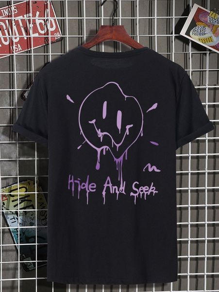 

men slogan & cartoon face print tee g2c5#, White;black