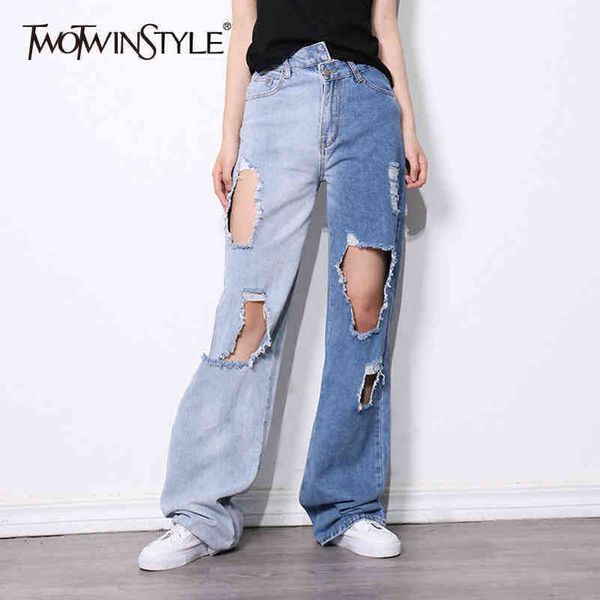 

casual loose patchwork hole denim trousers for women high waist straight pants female spring fashion clothing 210423, Blue