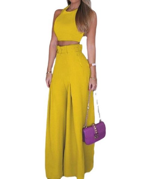 

women sleeveless halter cropped sashes wide leg pants suits high waist straight 2 female sets summer streetwear, White