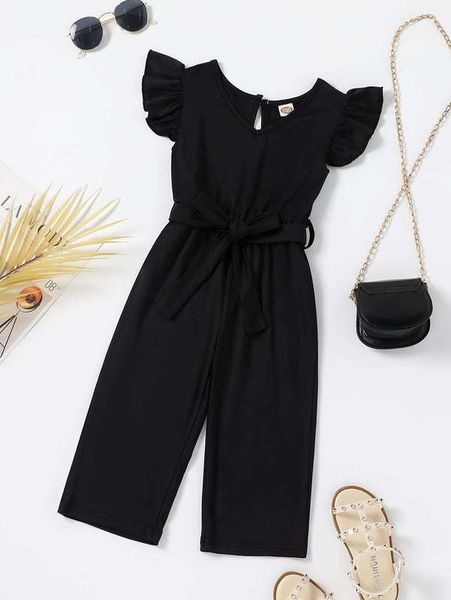 

toddler girl keyhole back ruffle trim belted jumpsuit she, Blue