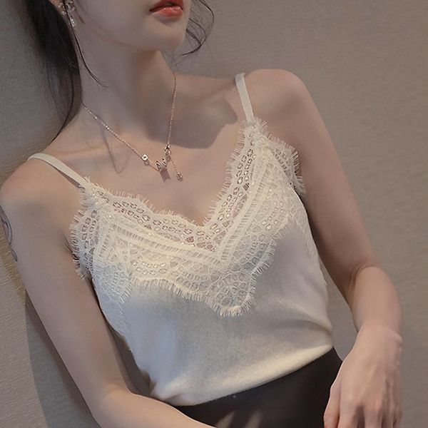 

summer tanks lace suspender with open back vest inside, women's bottomless shirt, sleeveless elastic ice silk knitting outside, White