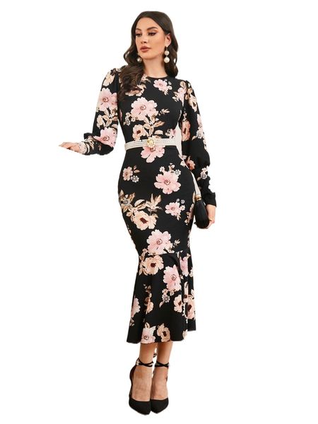 

floral print bishop sleeve mermaid hem dress without belt w4cb#, Black;gray