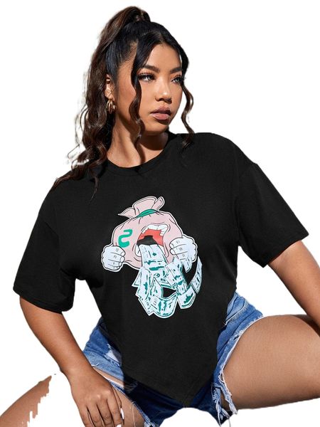 

plus cartoon graphic drop shoulder tee e80r#, Black