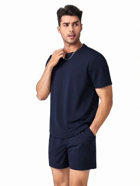 

men solid tee and drawstring waist track shorts set p0jj#, Gray