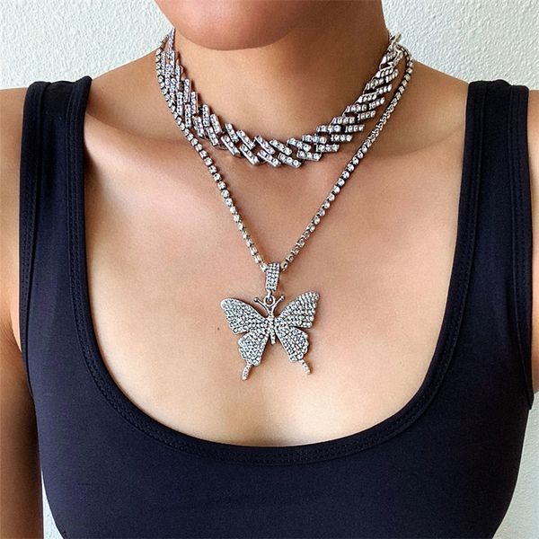 

cuban link butterfly set ice choker necklace women chain chocker pendant jewelry, Silver