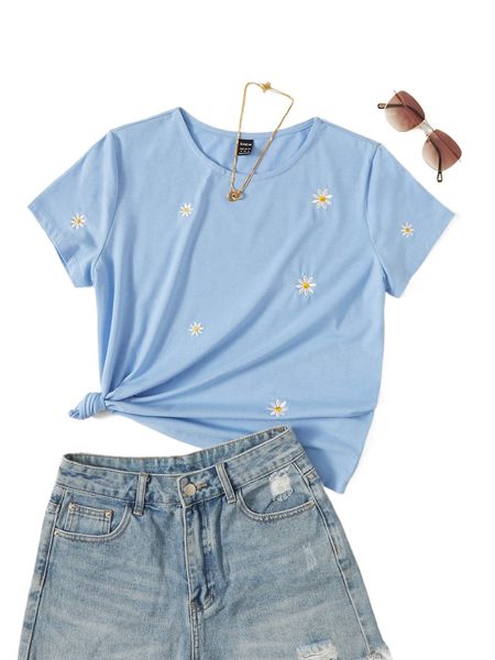 

floral embroidered short sleeve tee t0zz#, White