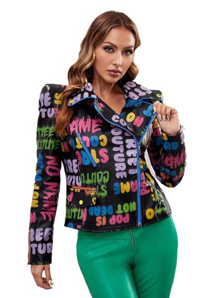 

x no name cartoon & letter graphic moto jacket b8iu#, Black;brown