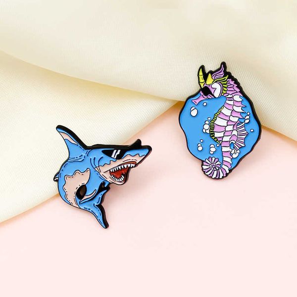 

cartoon fashion marine animal good friend badge shark and seahorse hide and seek trend design alloy brooch, Gray