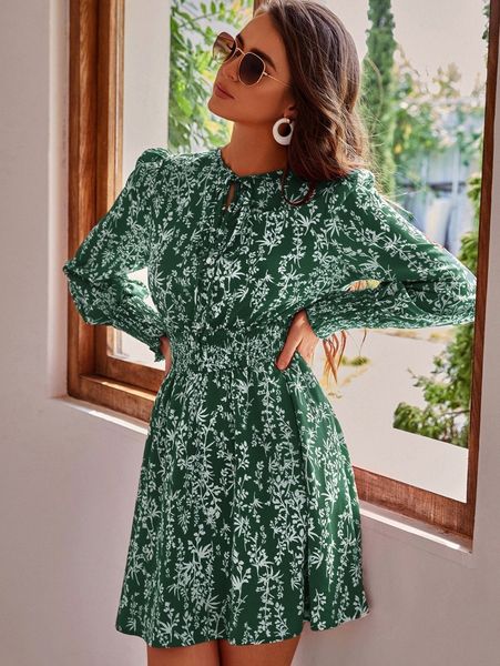 

floral print shirred lantern sleeve tie neck dress h9dj#, Black;gray