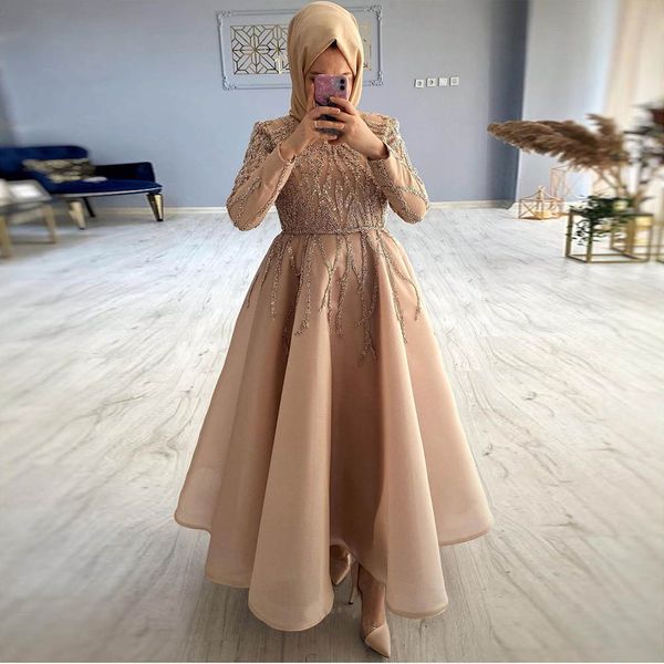 Champagner-Perlen-Muslim-Abschlussballkleider, Stehkragen, lange Ärmel, Organza, formelles Abendkleid, Rüschenrock, knöchellange Robe, Saudi-Arabien