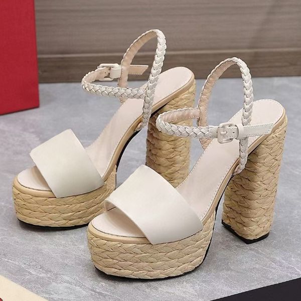 Kadınlar için yüksek Topuklu sandaletler En kaliteli klasik düğme Hakiki Deri Elbise ayakkabı platformu kalın topuklu lüks tasarımcı örgü Kayış 13CM topuk Sandalet kutusu ile